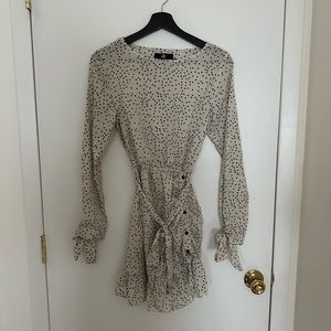 Cream and black polka dot dress with ruched detailing